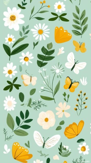 Pattern of cute spring icons like flowers, butterflies, sunbursts, and fresh leaves on a soft mint green background.