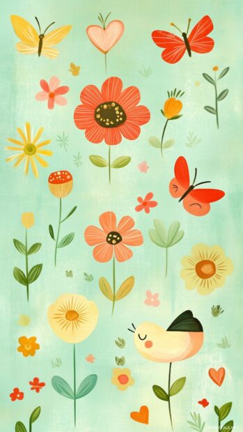 Pattern of cute spring icons like flowers, butterflies, sunbursts, and fresh leaves on a soft mint green background.