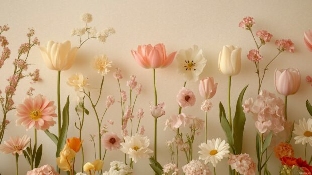 Pattern of pastel colored wildflowers arranged in a seamless, repeating design, featuring daisies, tulips, and cherry blossoms on a soft cream background.