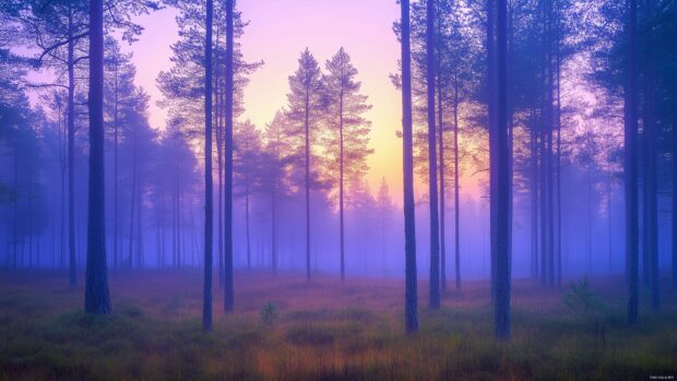 Peaceful forest landscape at dusk, with soft purple and orange skies peeking through the treetops.