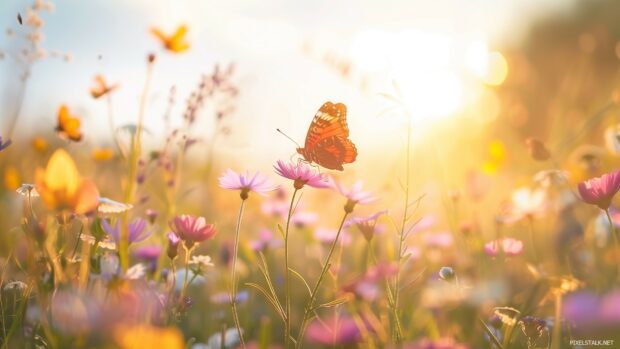 Peaceful meadow Wallpaper 1920x1080 with blooming wildflowers, butterflies fluttering, warm sunlight.