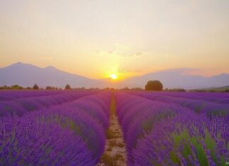 Picturesque lavender fields stretching into the distance under a warm sunset.