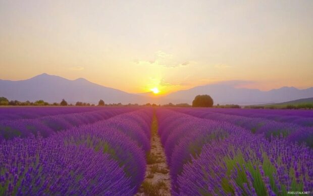 Picturesque lavender fields stretching into the distance under a warm sunset.