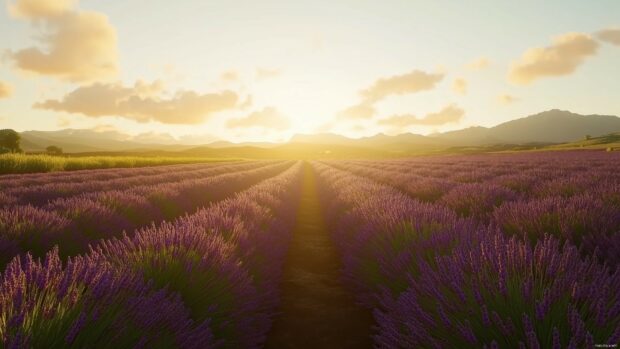 Picturesque lavender fields stretching into the distance under a warm sunset, creating a peaceful atmosphere, Laptop Wallpaper 4K.