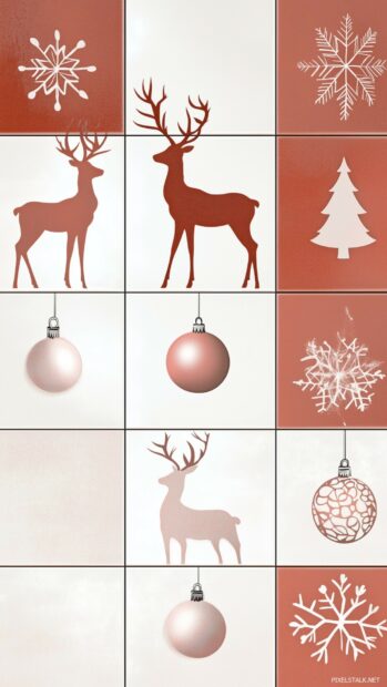 Pink Christmas Wallpaper with elegant reindeer silhouettes and ornaments in pastel pinks and whites.