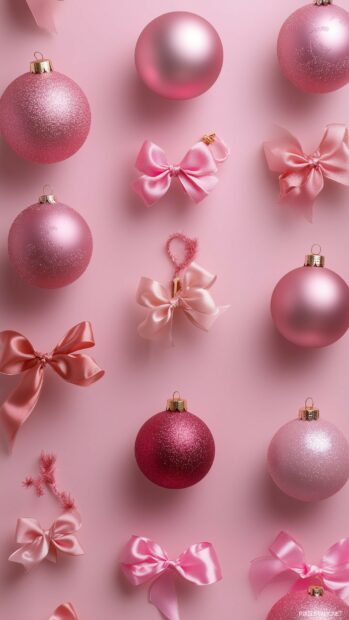 Pink Christmas Wallpaper with subtle Christmas baubles and bows in soft pink tones.