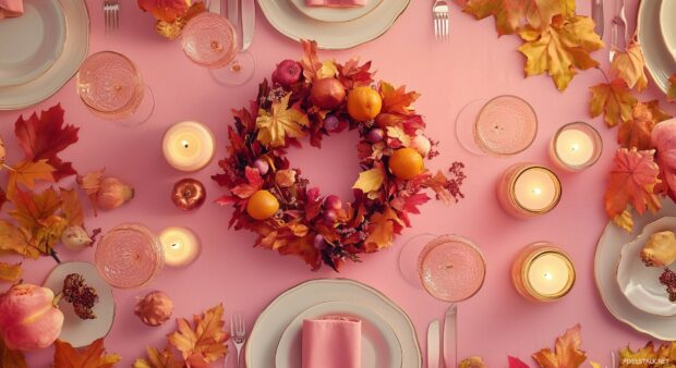 Pink Thanksgiving setting with a large autumn wreath, delicate leaves, and candles, creating a peaceful and elegant vibe.