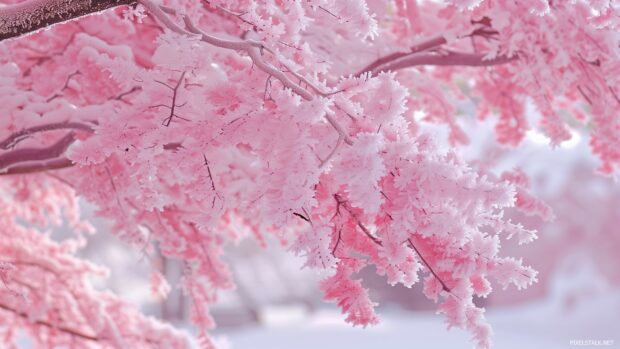 Pink hued frost on winter trees.