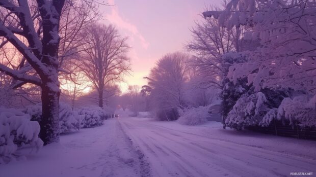 Pink sunset casting a glow on a snowy preppy winter scene.