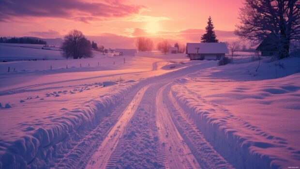 Pink winter scene wallpaper 4K with snow covered fields.