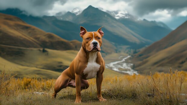 Pitbull dog in a dynamic pose with a serene mountain landscape in the background.