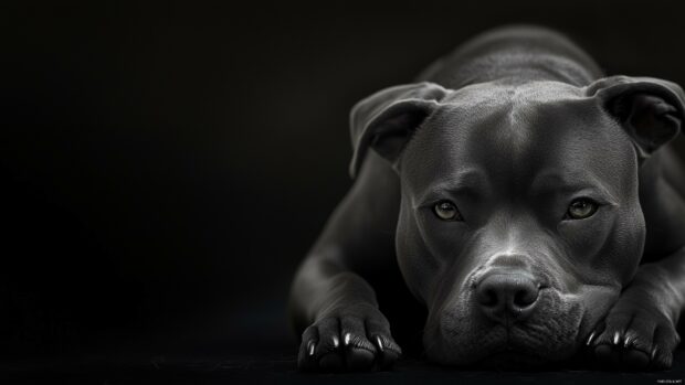 Pitbull dog lying down on a minimalistic black background.