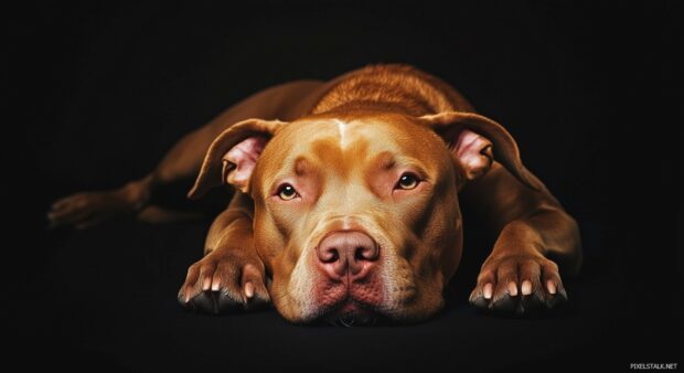 Pitbull dog lying down on a minimalistic black background.