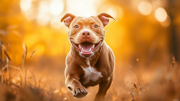 Pitbull dog playfully interacting with a soft focus background of grass and trees.