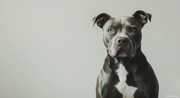 Pitbull dog sitting confidently, showcasing its strong build and expressive face.