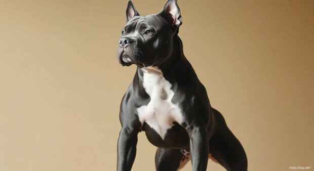 Pitbull dog standing proudly is emphasizing its sleek coat and powerful stance.