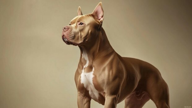 Pitbull dog standing proudly with a soft beige backdrop, emphasizing its sleek coat and powerful stance.