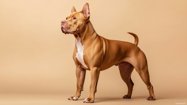 Pitbull dog standing proudly with a soft beige backdrop, emphasizing its sleek coat and powerful stance.