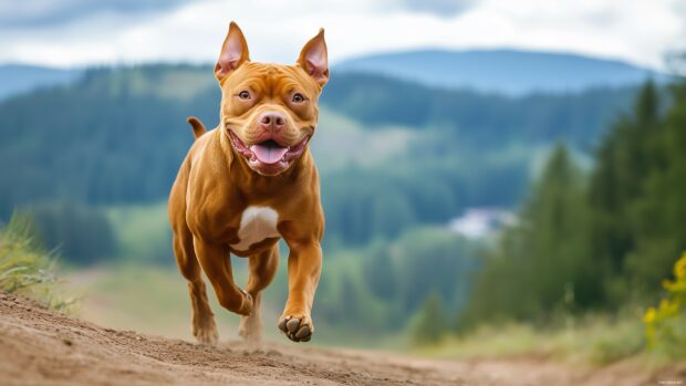 Pitbull dog wallpaper 4K with a serene mountain landscape in the background, emphasizing its strength and agility.