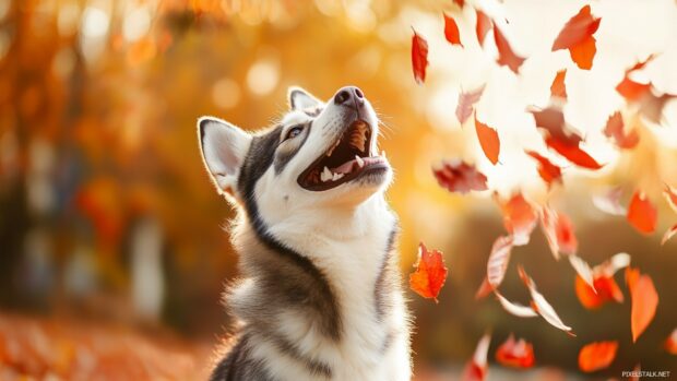 Playful Husky dog interacting with a colorful autumn setting, surrounded by fallen leaves and warm tones.