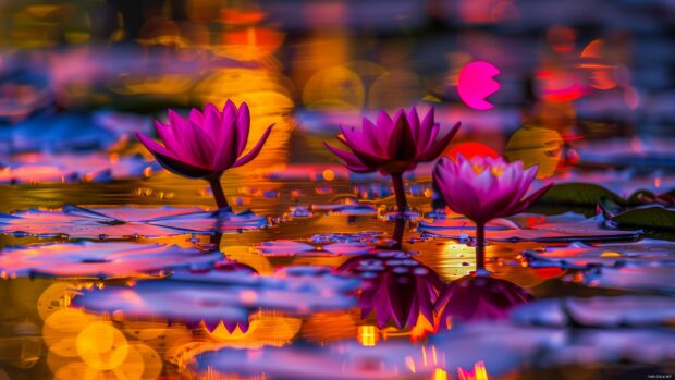 Pond Wallpaper 4K Resolution with water lilies and colorful reflections.