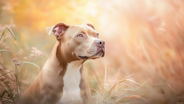 Portrait of a Pitbull dog 4K wallpaper with a light pastel background.