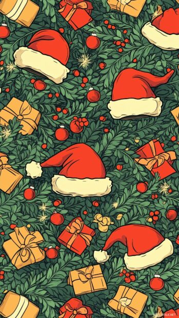 Preppy Christmas Wallpaper of Santa Claus hats, mistletoe, and tiny wrapped presents.