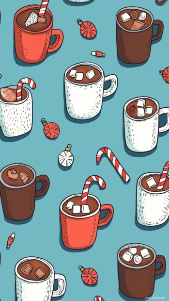 Preppy Christmas iPhone Wallpaper of holiday mugs filled with hot cocoa, marshmallows, and candy canes, arranged alongside tiny Christmas lights.