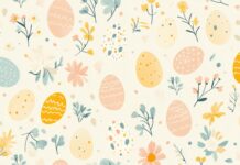 Preppy Easter wallpaper Full HD with pastel colored eggs and flowers in a repeating tile design, soft lines, and clean vector art style.