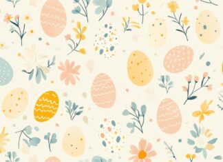 Preppy Easter wallpaper Full HD with pastel colored eggs and flowers in a repeating tile design, soft lines, and clean vector art style.