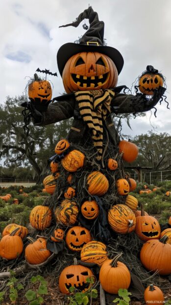 Preppy Halloween pumpkin patch with neatly arranged pumpkins and designer scarecrows.