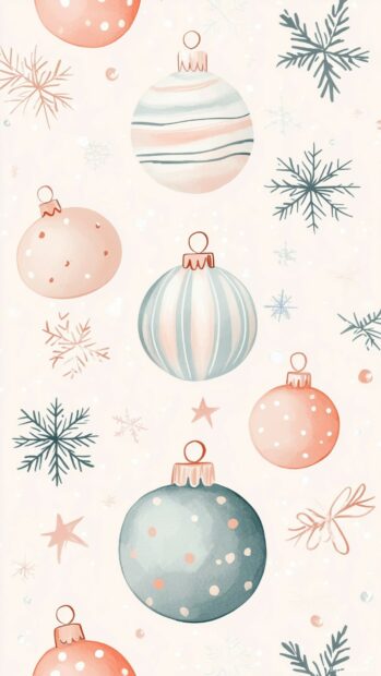 Preppy Wallpaper of Christmas baubles in different sizes, mixed with snowflakes and stars.