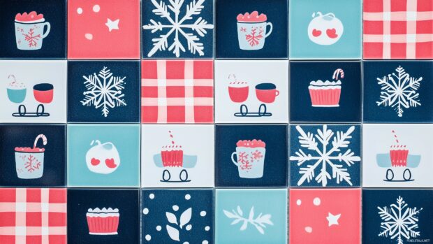 Preppy Winter HD Wallpaper featuring small, intricately detailed snowflakes, ice skates, and cups of hot cocoa.