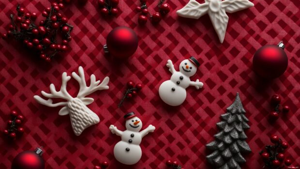 Preppy Winter Wallpaper 4K with tiny scattered snowmen, reindeer, and holly berries, combining modern and classic preppy aesthetics.