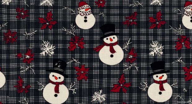 Preppy Winter Wallpaper Full HD with tiny scattered snowmen, reindeer, and holly berries.