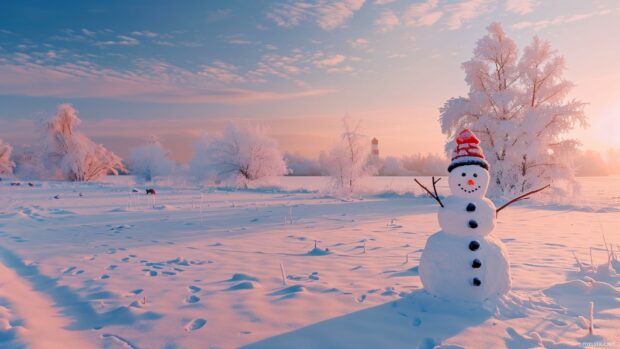 Preppy Winter Wallpaper with a snowman in a snowy field.