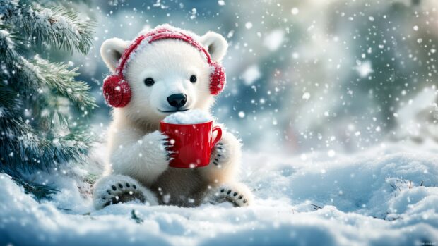 Preppy Winter dekstop 4K wallpaper with a cute polar bear cub wearing earmuffs and holding a hot chocolate, sitting in the snow with a snow covered pine tree in the background.