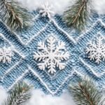 Preppy argyle pattern in frosty blues and whites, with delicate snowflakes and small pine trees incorporated into the geometric design.