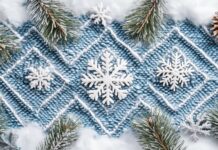 Preppy argyle pattern in frosty blues and whites, with delicate snowflakes and small pine trees incorporated into the geometric design.