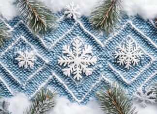 Preppy argyle pattern in frosty blues and whites, with delicate snowflakes and small pine trees incorporated into the geometric design.