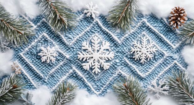 Preppy argyle pattern in frosty blues and whites, with delicate snowflakes and small pine trees incorporated into the geometric design.