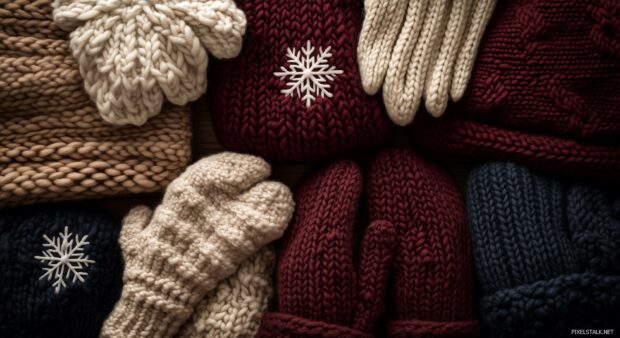 Preppy winter scarves, gloves, and chunky knit sweaters, in warm tones of burgundy, beige, and navy, accented with minimalistic snowflake details.