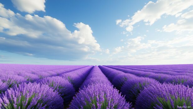 Pretty lavender field Desktop 1080p HD wallpaper with rows of fragrant lavender stretching as far as the eye can see, under a clear blue sky.