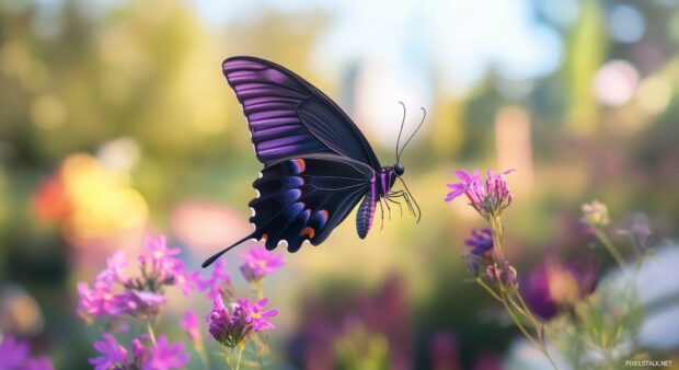 Purple butterfly in mid flight against a softly blurred garden background, with its delicate wings showcased in sharp, high quality detail and vibrant hues.