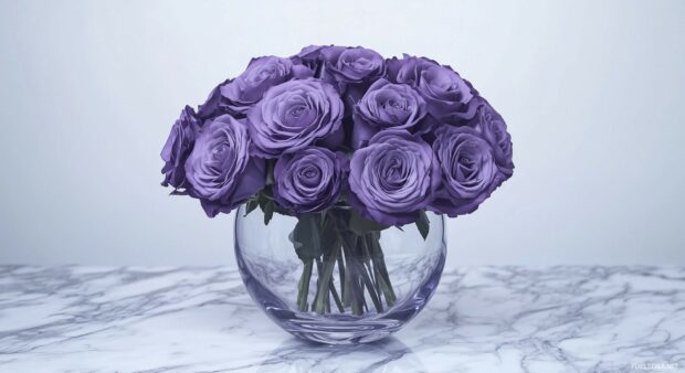 Purple roses in an elegant glass vase, placed on a marble surface.