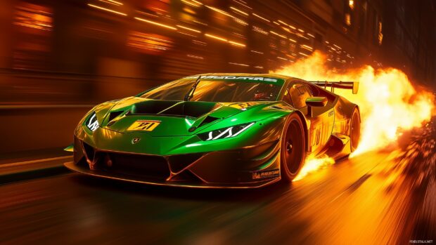 Race car wallpaper 2K QHD with a Lamborghini Huracán GT3 in the middle of a tense race, with flames shooting out of the exhaust.