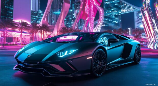  Race car wallpaper HD with a Lamborghini Aventador in matte black, parked in front of a futuristic cityscape at night with neon lights reflecting off its body.