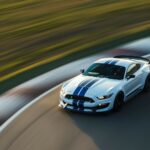 Race car wallpaper HD with a Shelby Mustang GT350 in racing white with blue stripes, speeding through a racetrack with a blurred background emphasizing its speed.