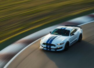 Race car wallpaper HD with a Shelby Mustang GT350 in racing white with blue stripes, speeding through a racetrack with a blurred background emphasizing its speed.