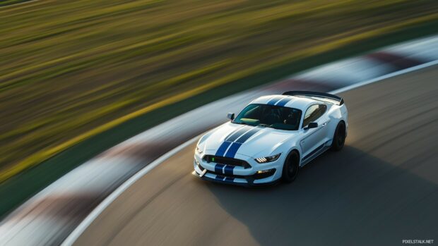 Race car wallpaper HD with a Shelby Mustang GT350 in racing white with blue stripes, speeding through a racetrack with a blurred background emphasizing its speed.